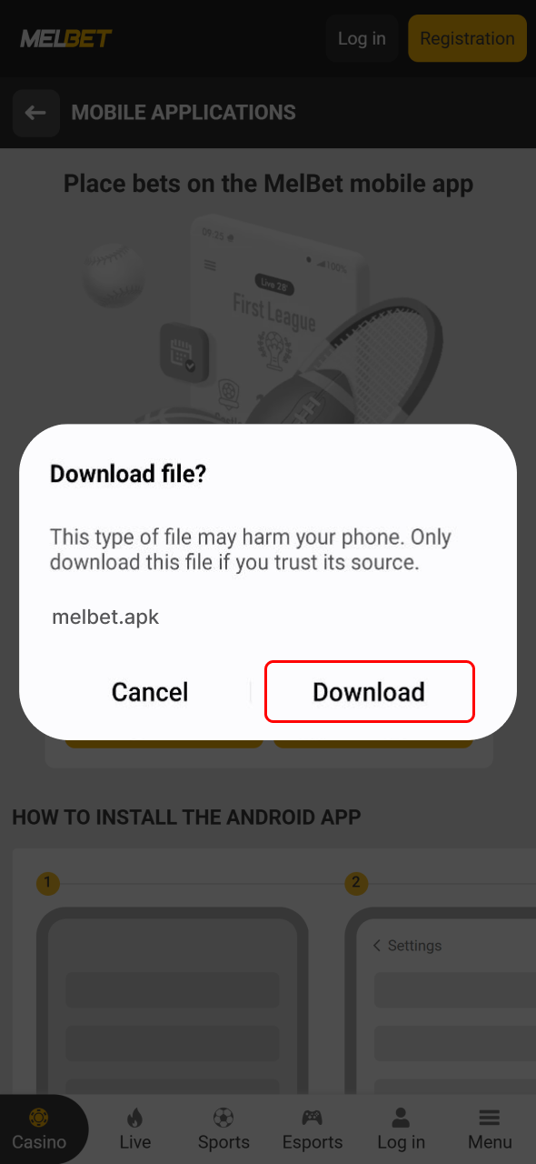 Confirm the Melbet application download prompt to continue the installation process.