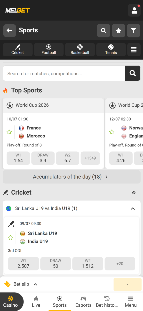 Choose your preferred sport and event inside the Melbet betting app.