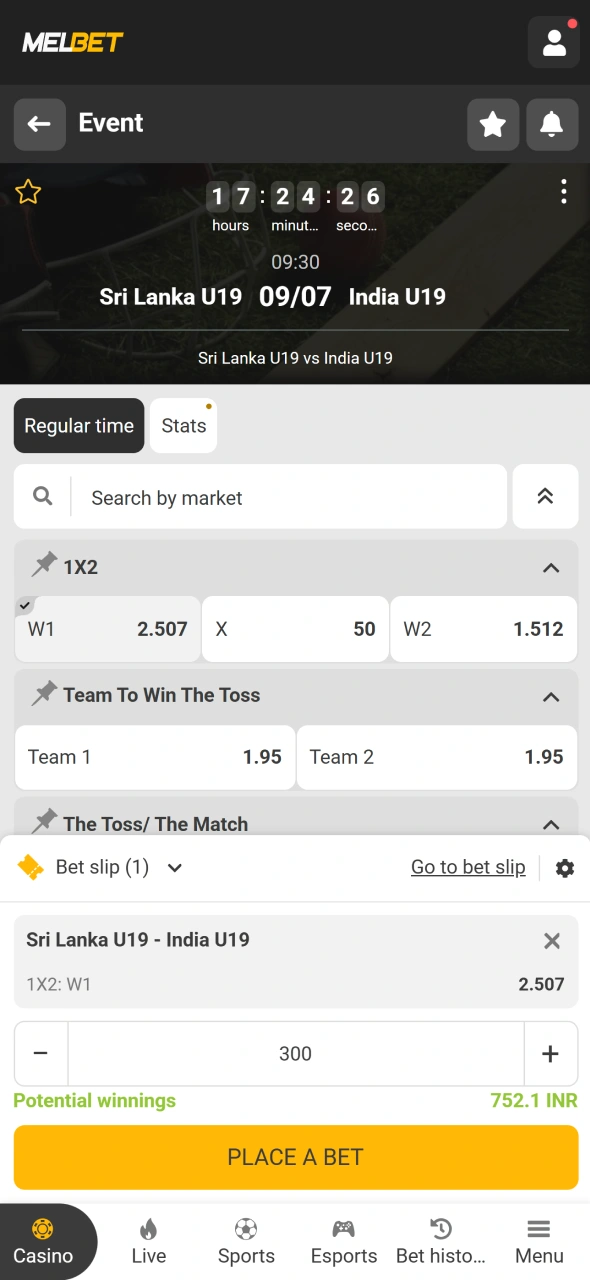 Confirm your betting selection through the Melbet app and follow the action.