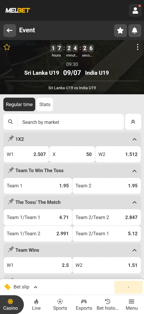 Select your betting market and preferred stake using the Melbet application.