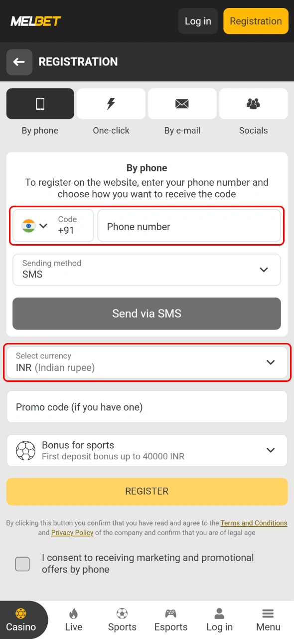 Enter your personal details securely using the Melbet app registration form.