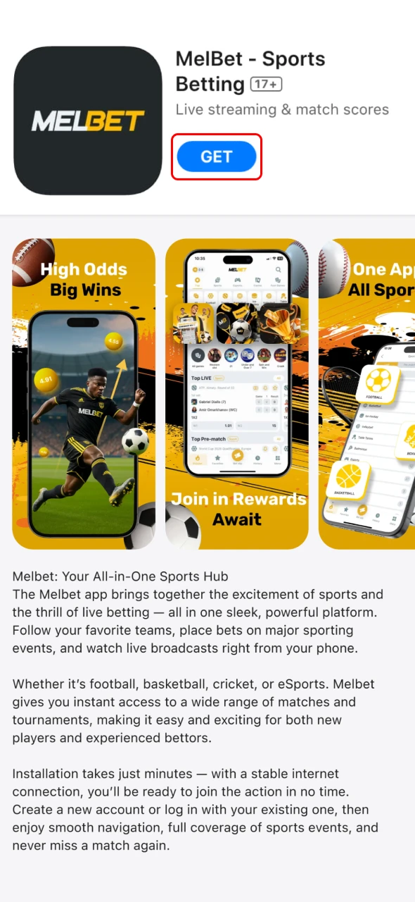 Select the install option to continue setting up the Melbet iOS app.