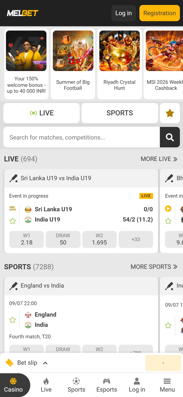 Browse the Melbet app homepage and discover betting and casino options in India.