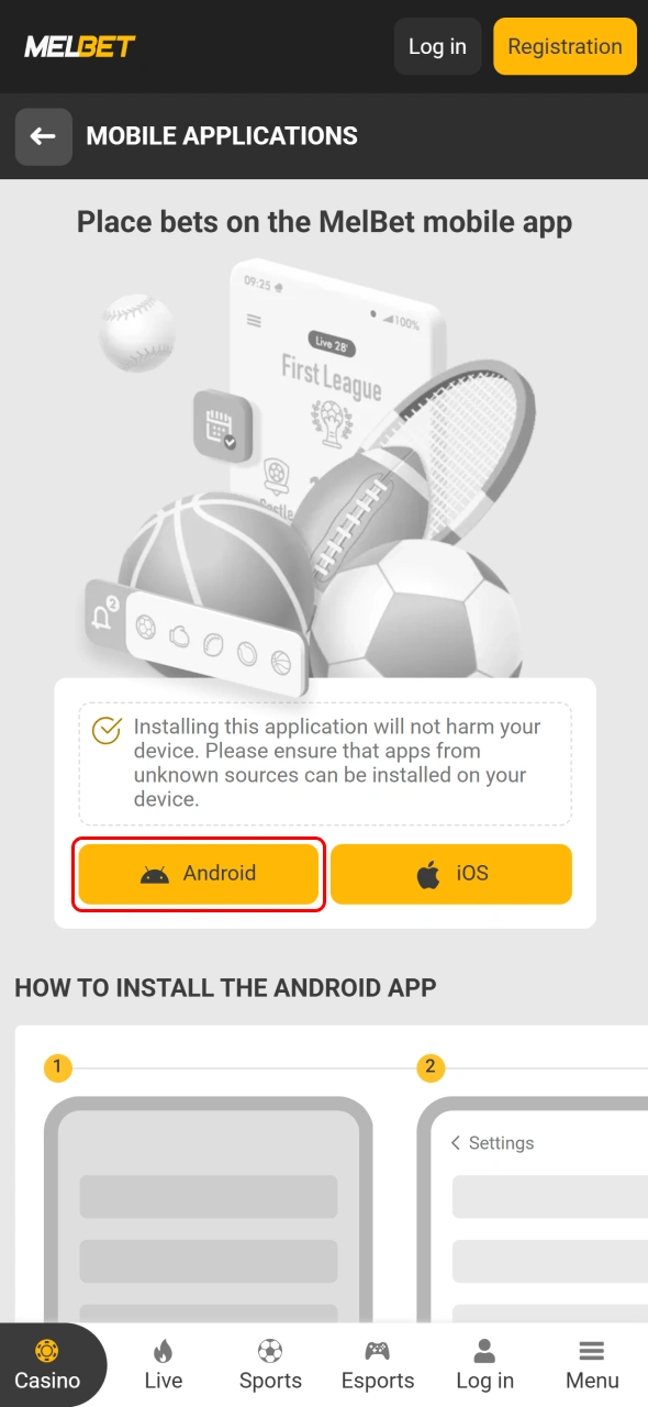 Tap the install button to complete the Melbet app setup for Aviator.