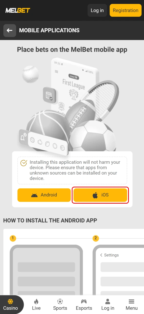 Tap the Melbet app download button to begin Aviator installation process.