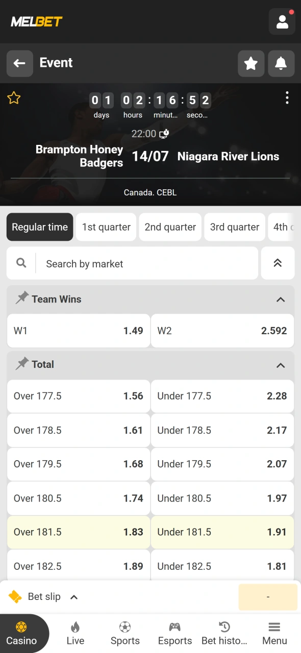 Choose your preferred basketball betting market through the Melbet sportsbook.