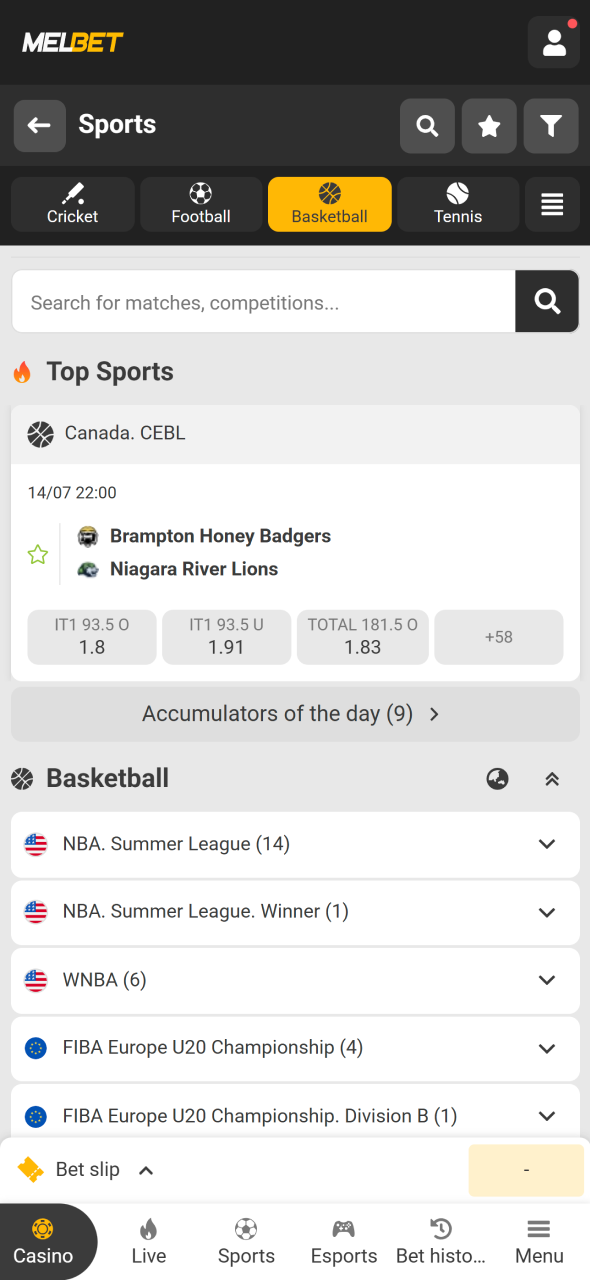 Navigate to the basketball section on the Melbet sportsbook with ease.