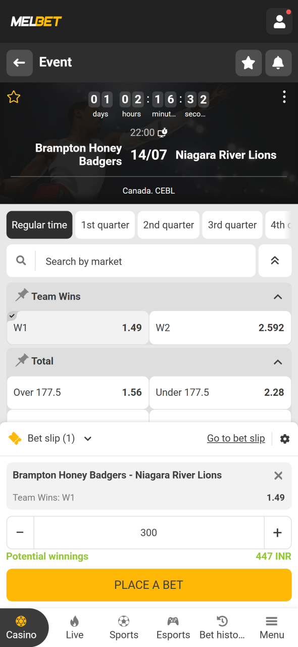 Add your basketball selection to the Melbet bet slip and confirm your wager.