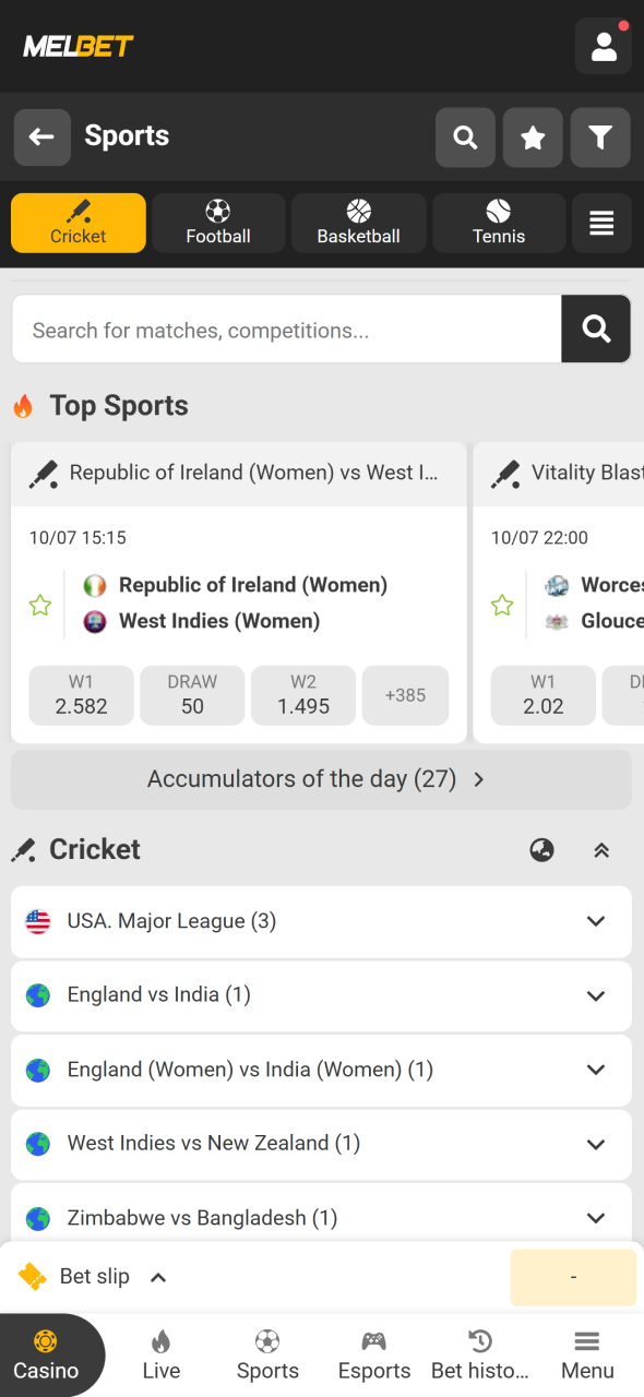 Find a cricket match through the Melbet sportsbook and explore available markets.