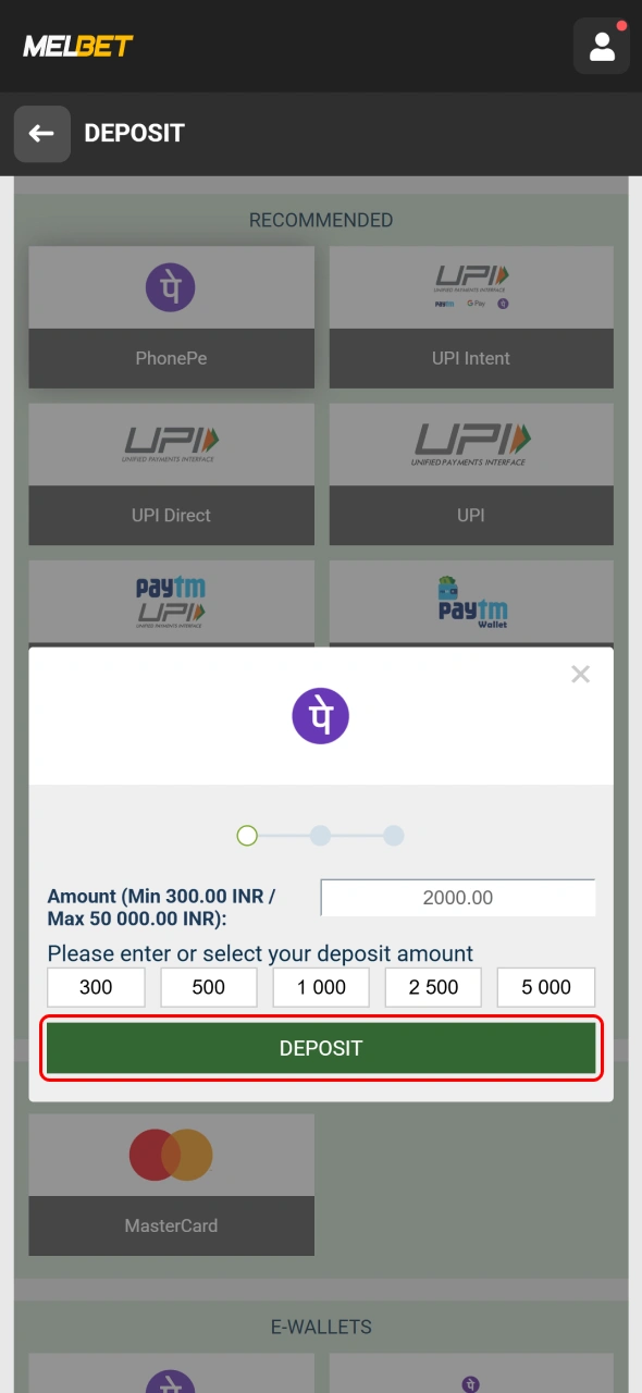 Confirm your Melbet deposit and complete the transaction securely.