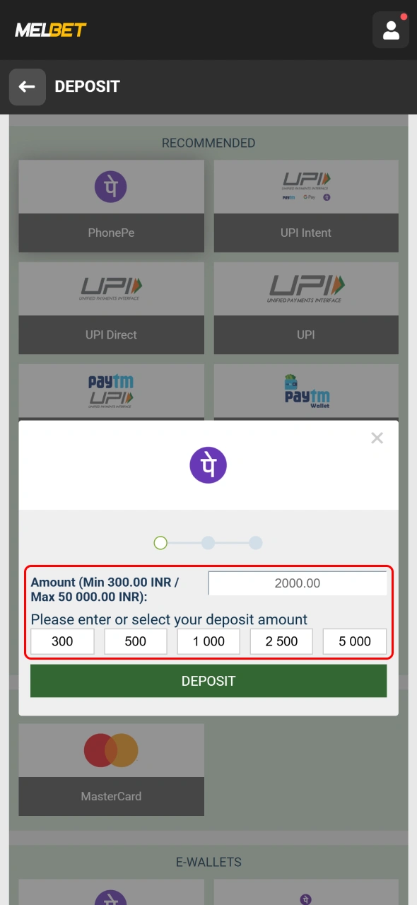 Enter your Melbet deposit amount and review the payment information carefully.