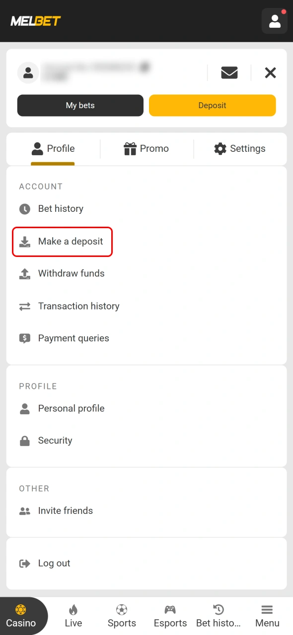 Open the Melbet deposit section to choose your preferred payment option.