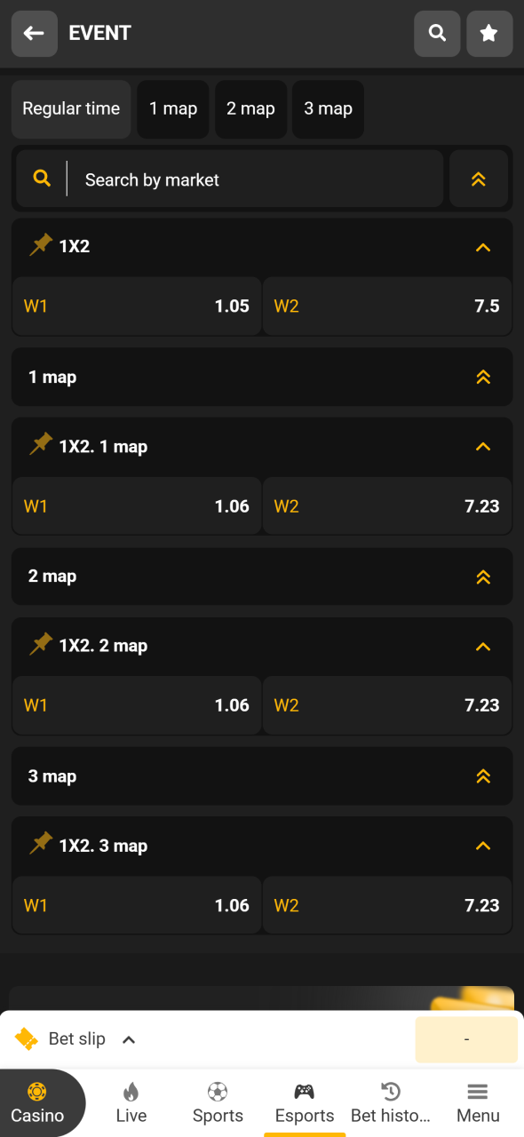 Select your preferred esports betting market using the Melbet app.