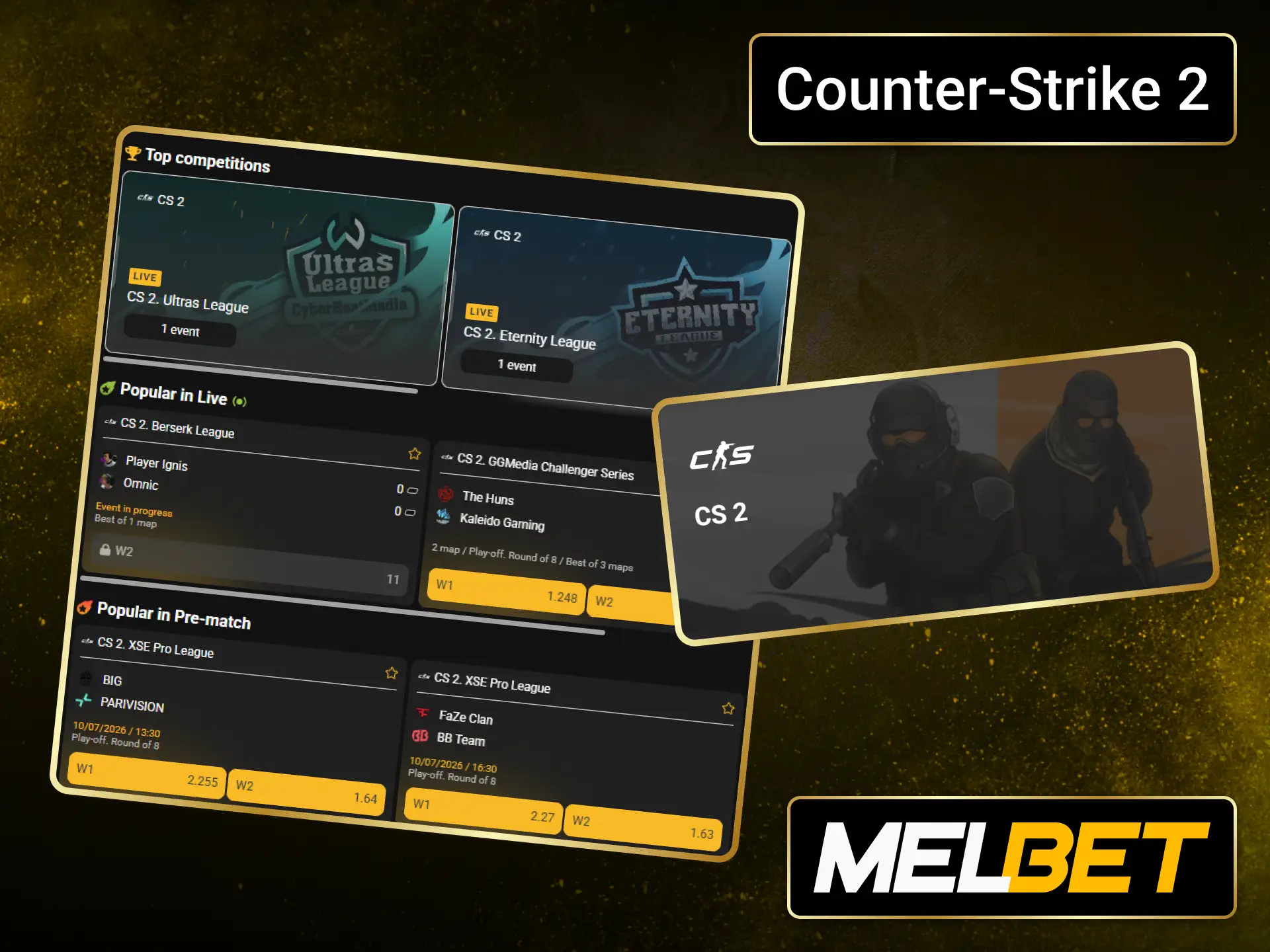 Place CS2 betting selections with Melbet across competitive esports events.