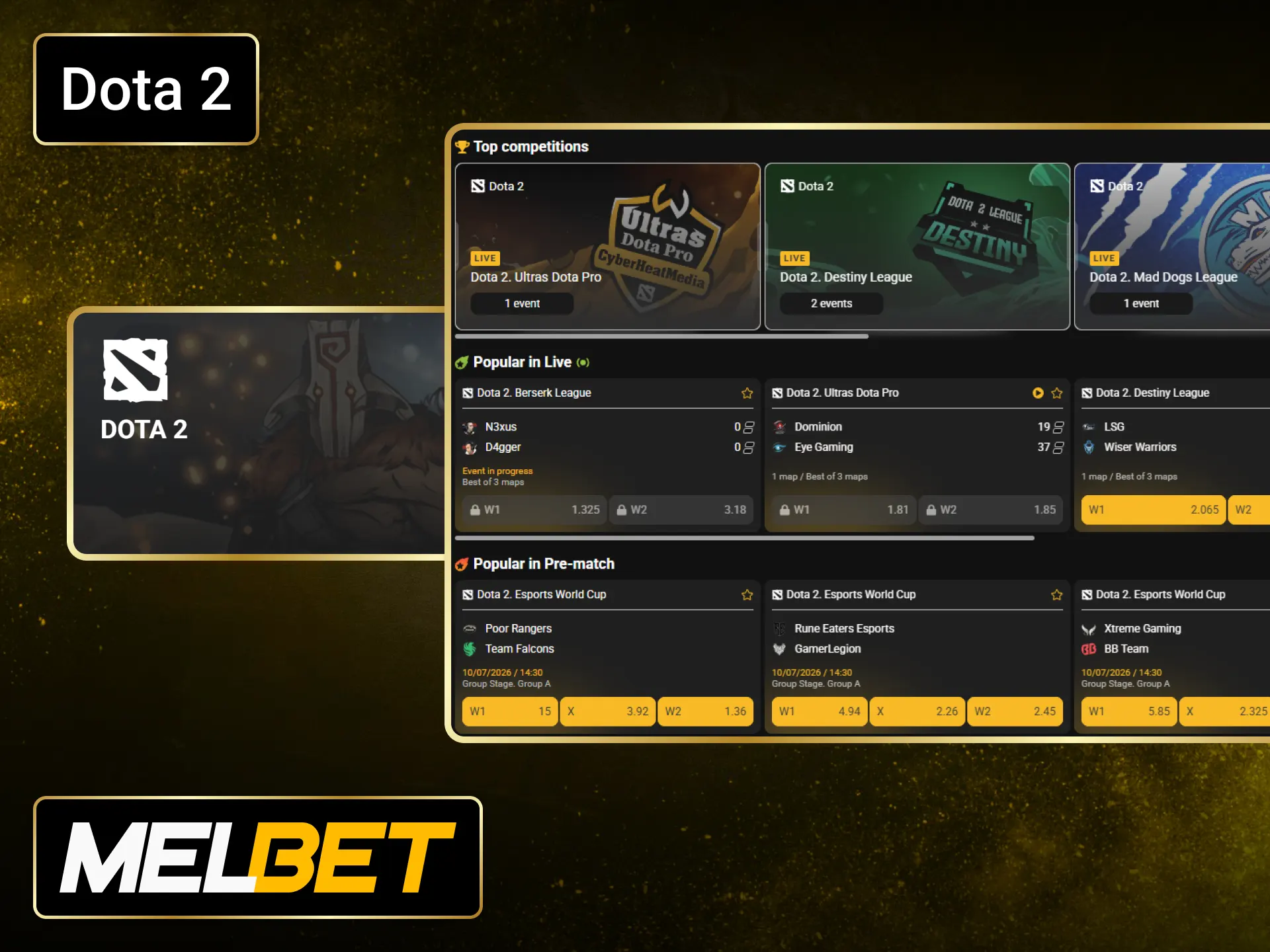 Bet on Dota 2 through the Melbet sportsbook during major tournaments.
