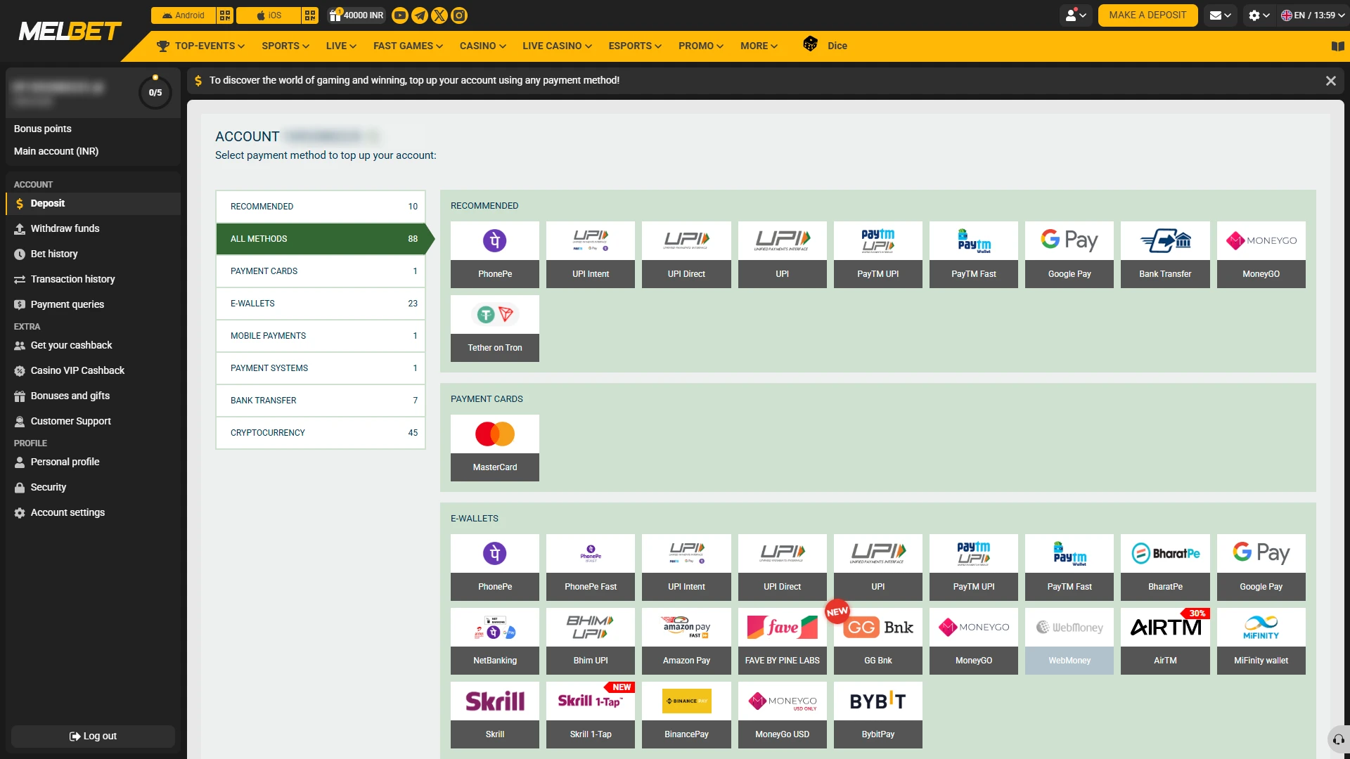 Make your first Melbet deposit and prepare for esports betting.