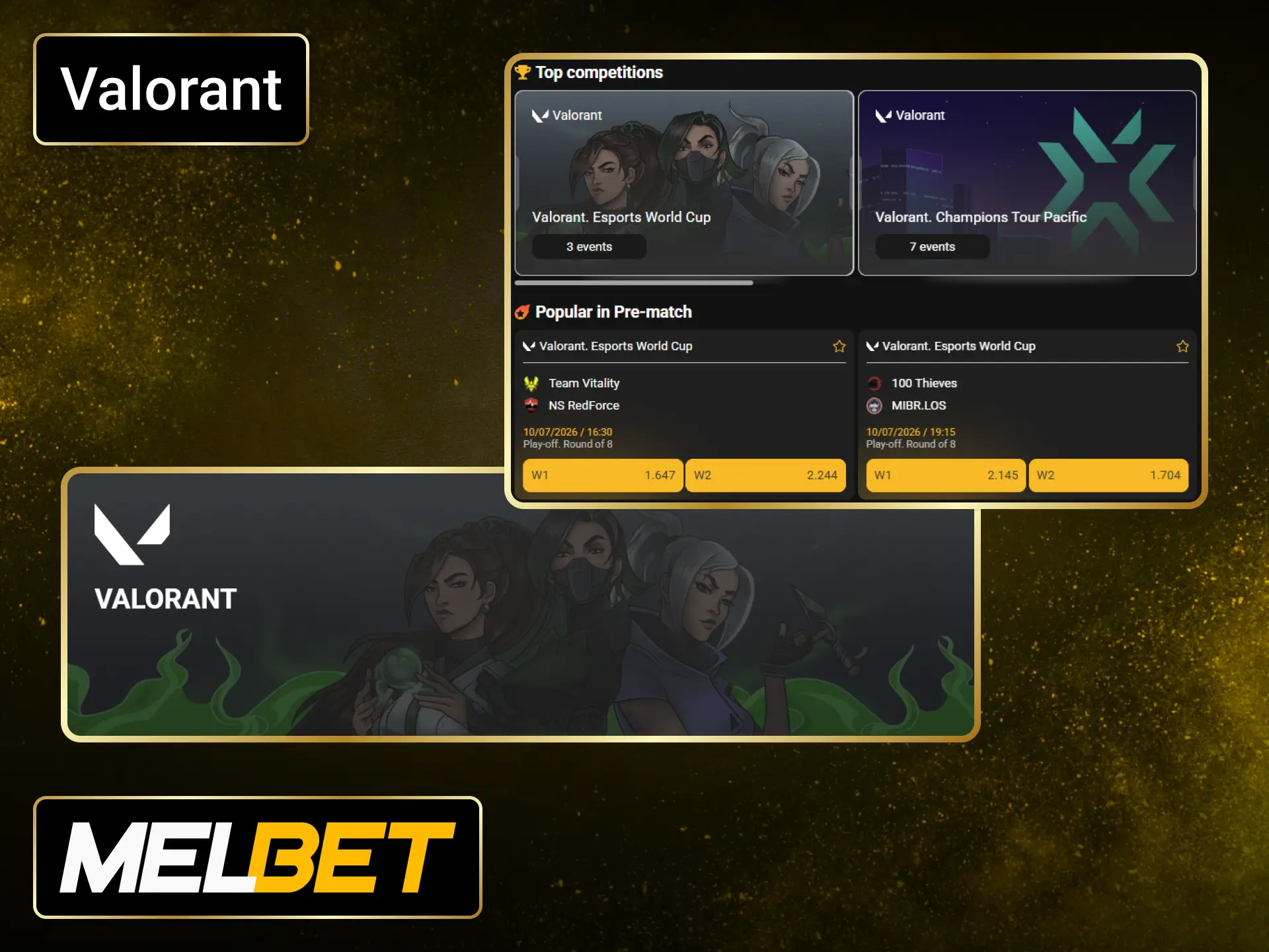 Explore Valorant betting markets available on the Melbet sportsbook.