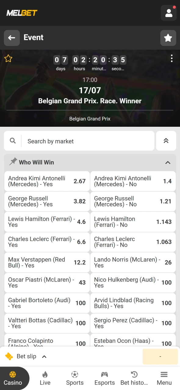 Add your Formula 1 selection to the Melbet bet slip before continuing.