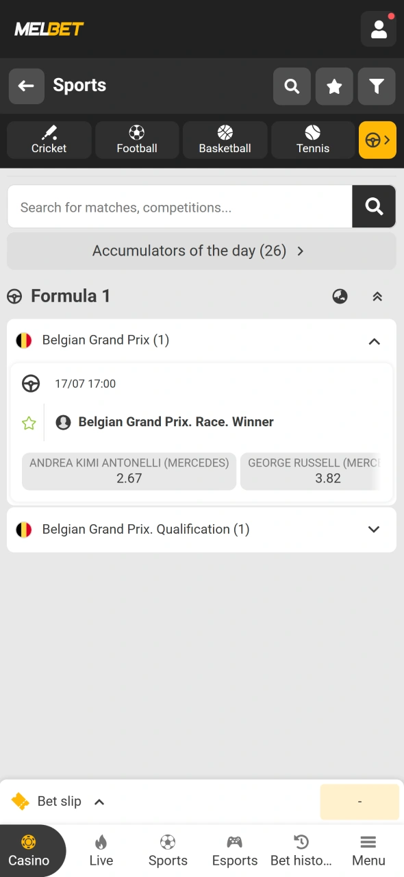 Choose your preferred Formula 1 race and betting market on Melbet.
