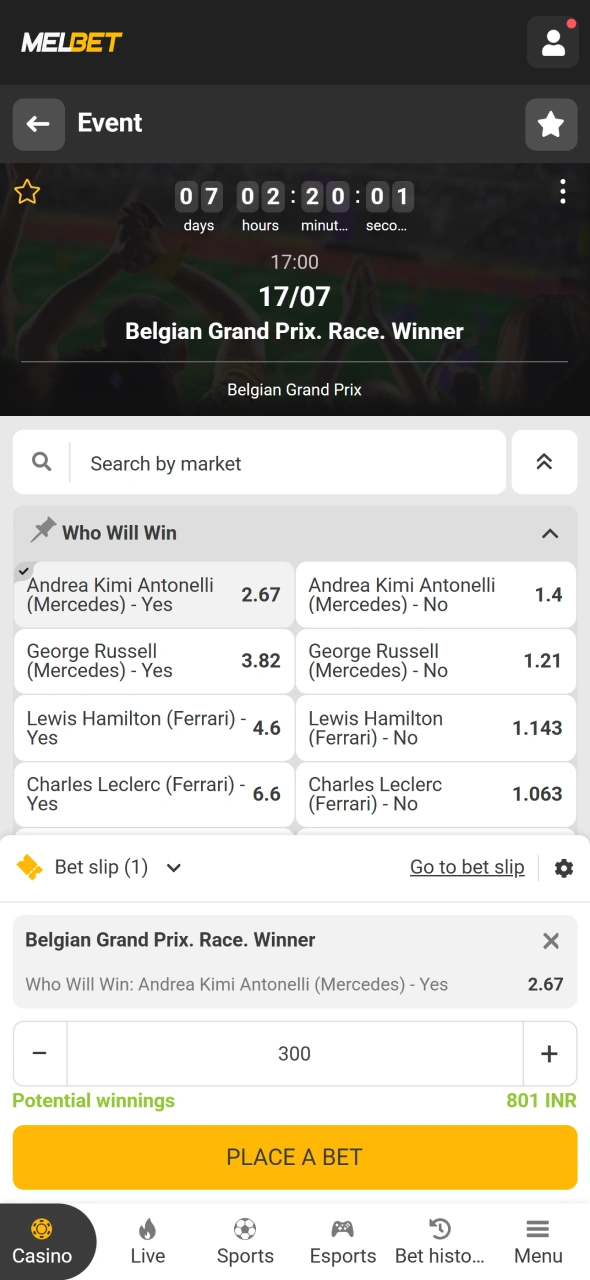 Enter your stake and confirm your Formula 1 bet through Melbet.