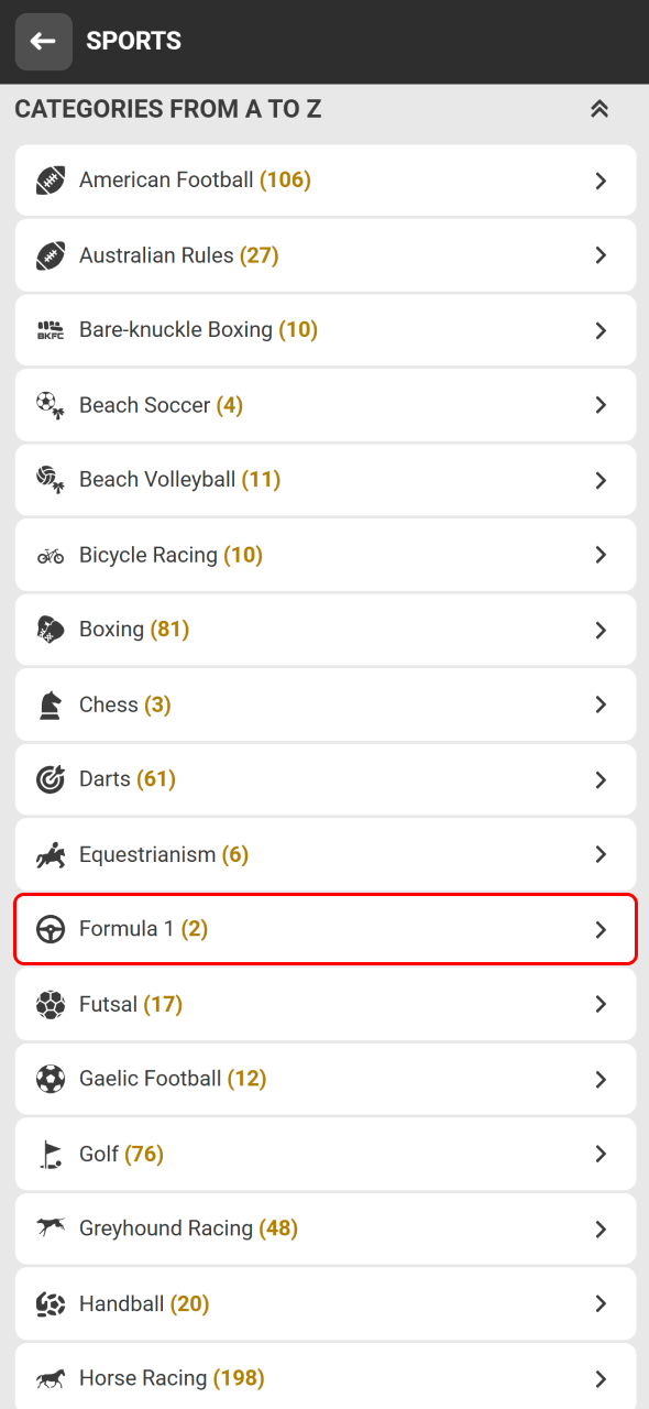 Navigate to the Formula 1 section in the Melbet sportsbook with ease.