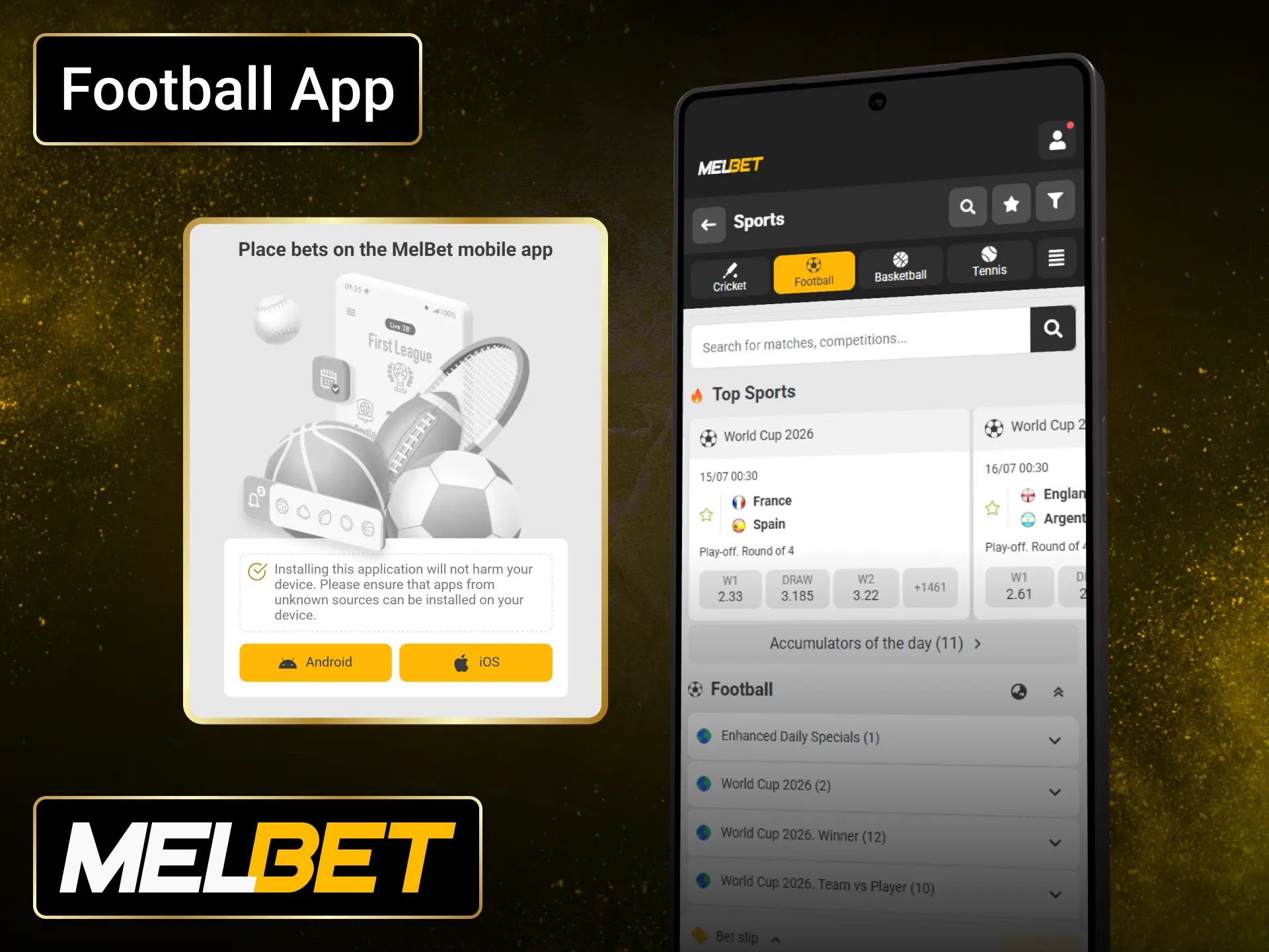 Use the Melbet app for football betting on Android and iOS devices.