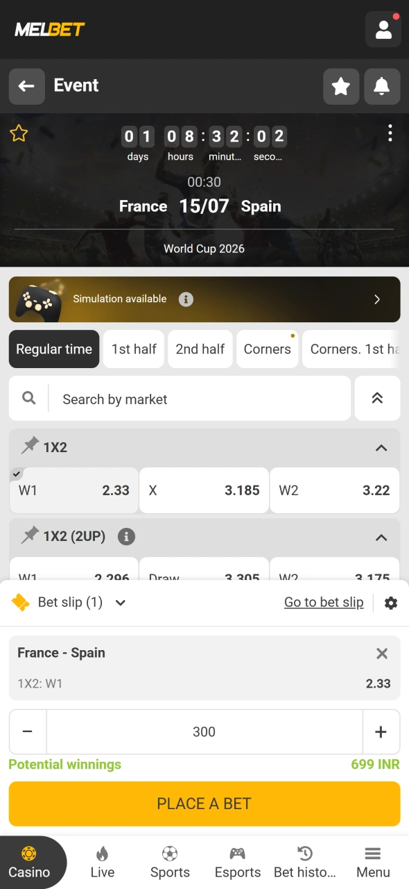Choose your preferred betting market and place a football bet with Melbet.