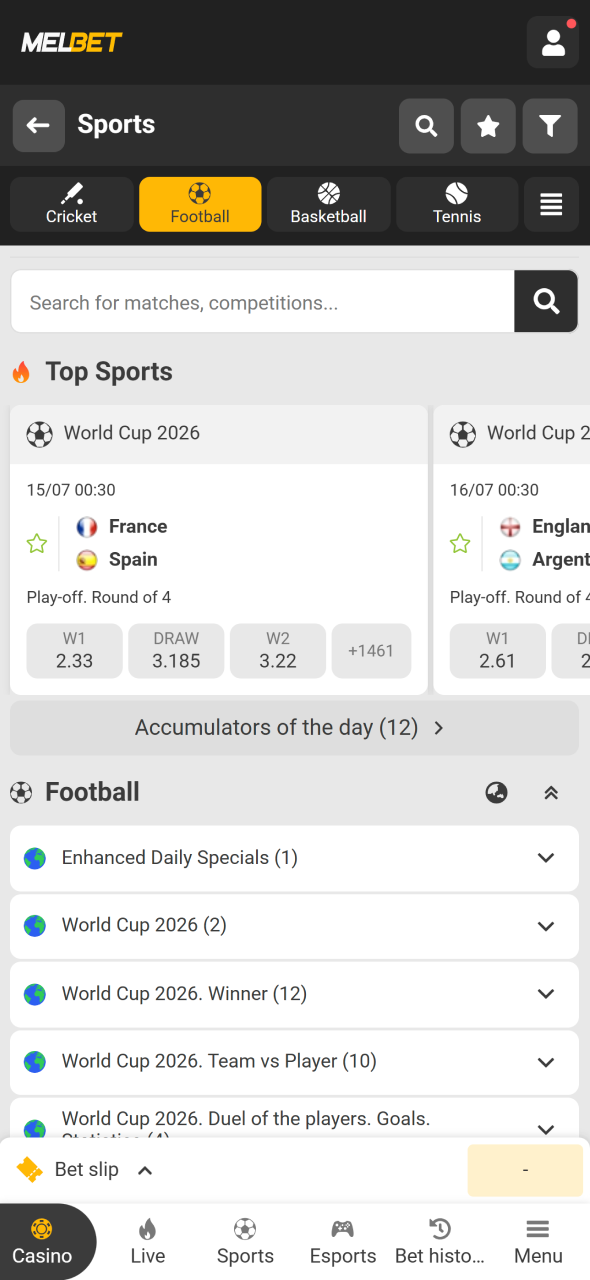 Select a football league or match through the Melbet sportsbook.