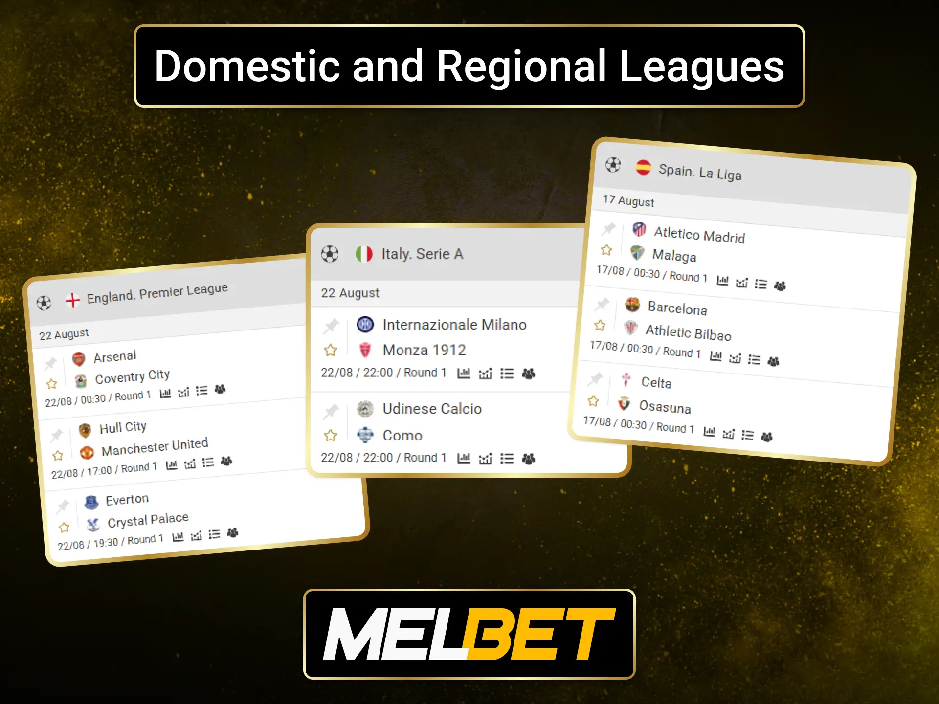 Explore domestic and regional football league betting with the Melbet sportsbook.