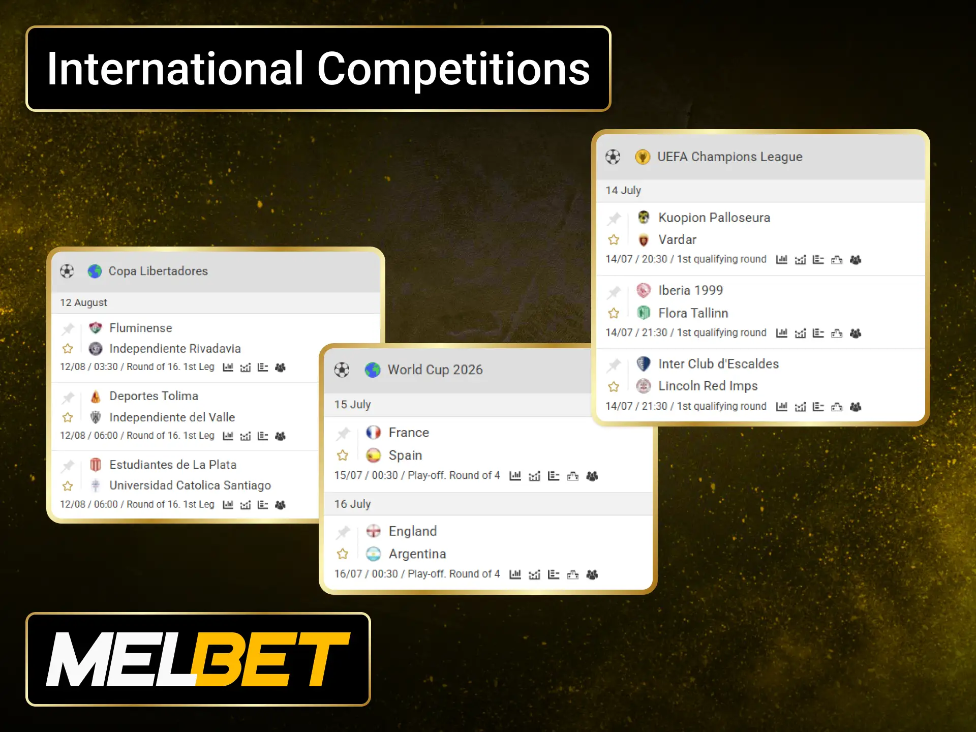 Bet on international football competitions through the Melbet sportsbook in India.