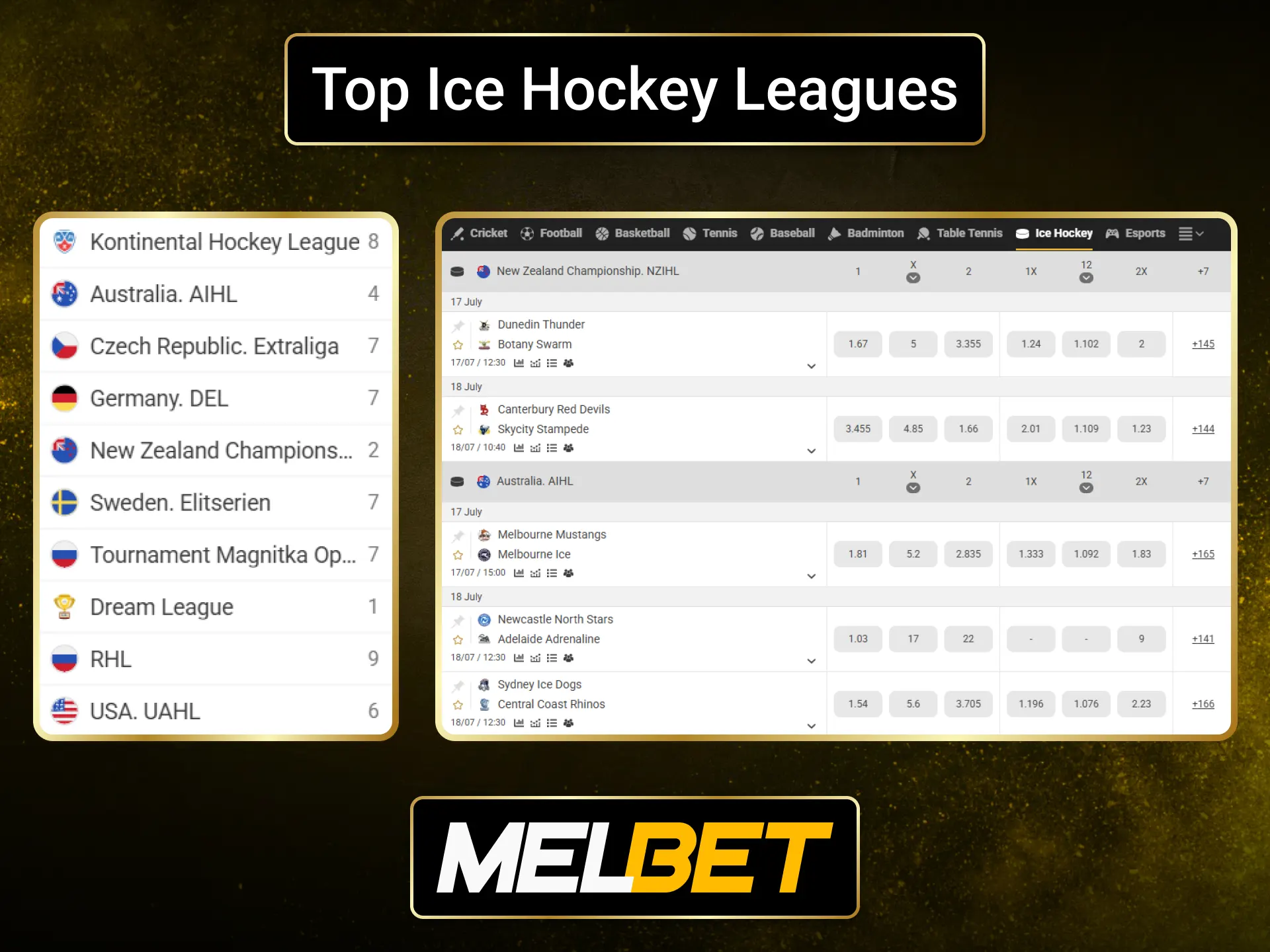 Discover top ice hockey leagues available for betting through the Melbet sportsbook.