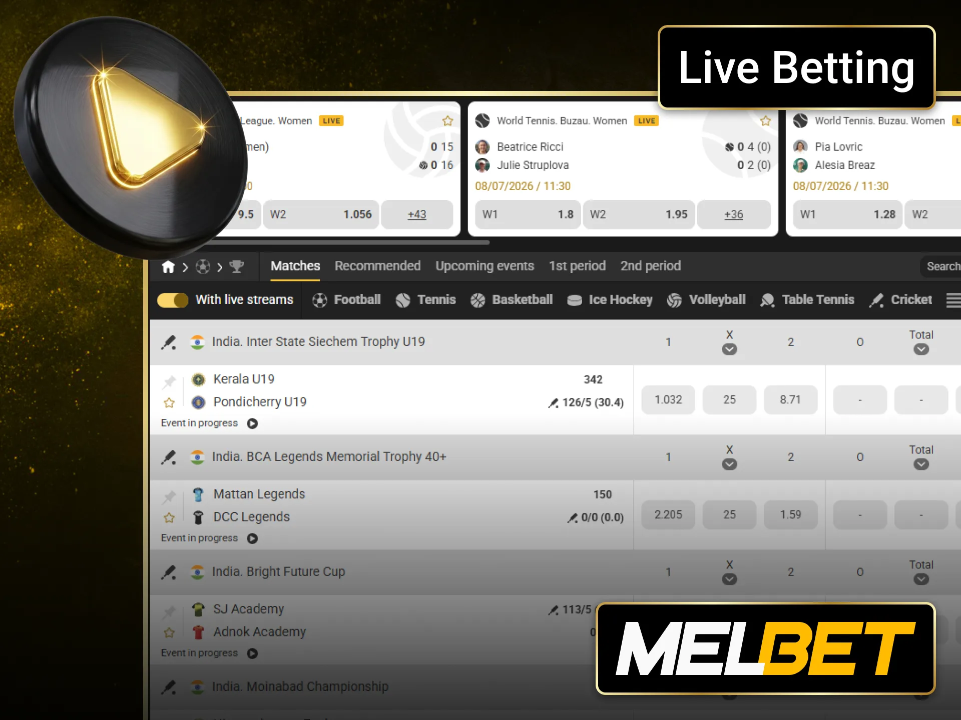 Follow live betting on Melbet with constantly updated odds during every match.