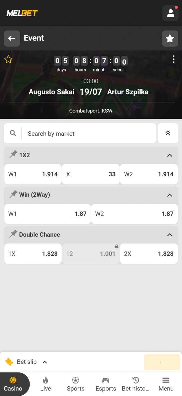 Choose your preferred MMA betting market through the Melbet sportsbook.