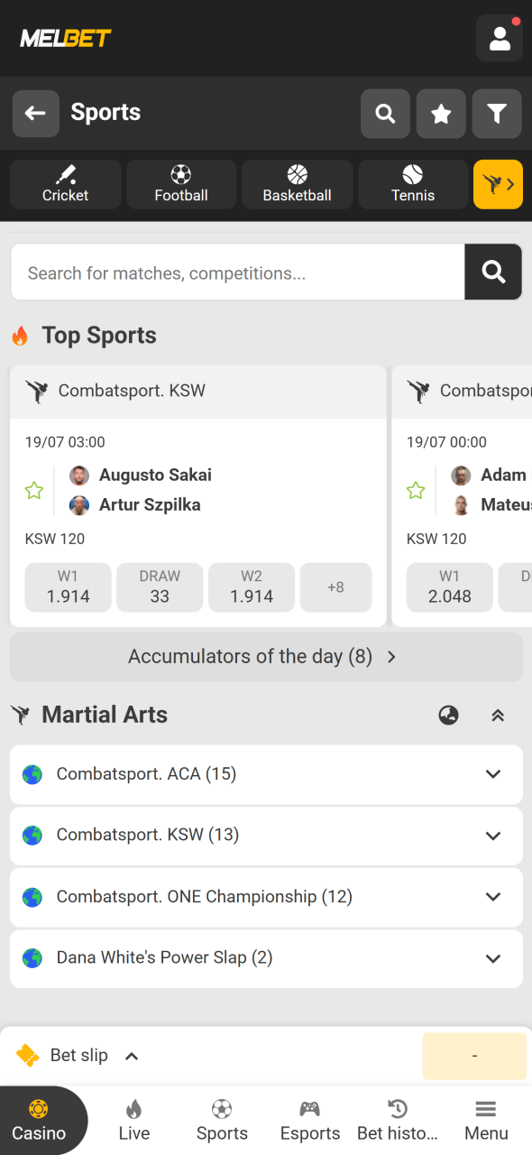 Navigate to the MMA section on the Melbet sportsbook with ease.