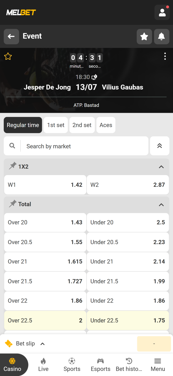 Choose a tennis match and betting market through the Melbet sportsbook.