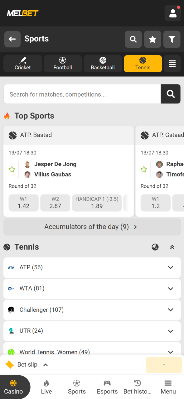 Visit the sports section on Melbet and explore available tennis events.
