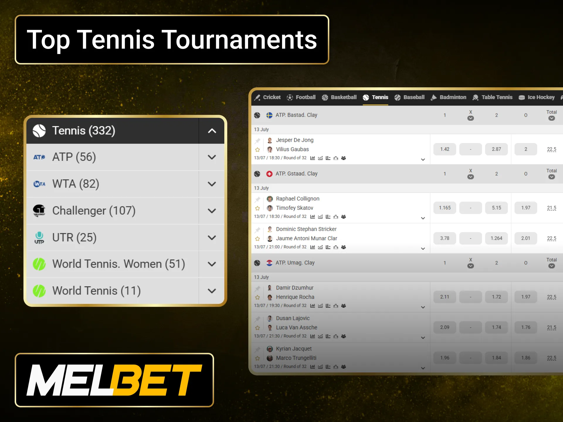 Discover top tennis tournaments available for betting on the Melbet sportsbook.