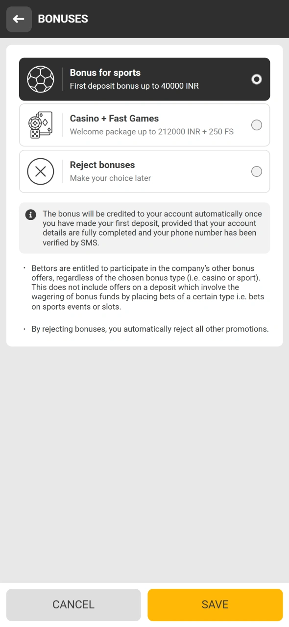 Choose your preferred Melbet welcome promotion during the registration process.