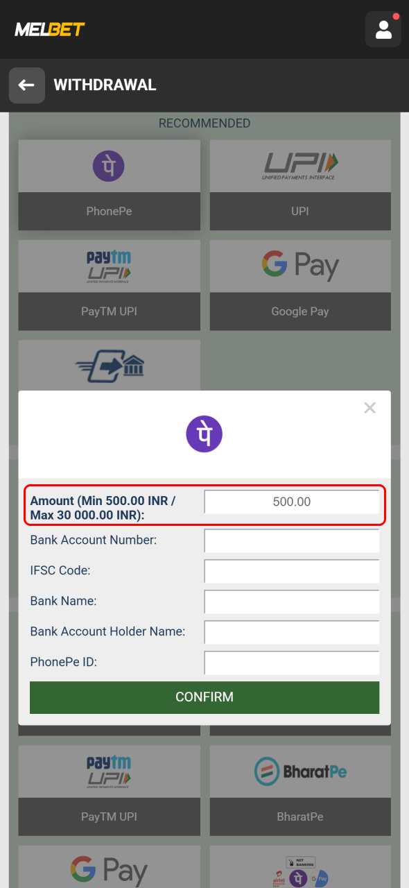 Choose your preferred Melbet payment method and enter the withdrawal amount.