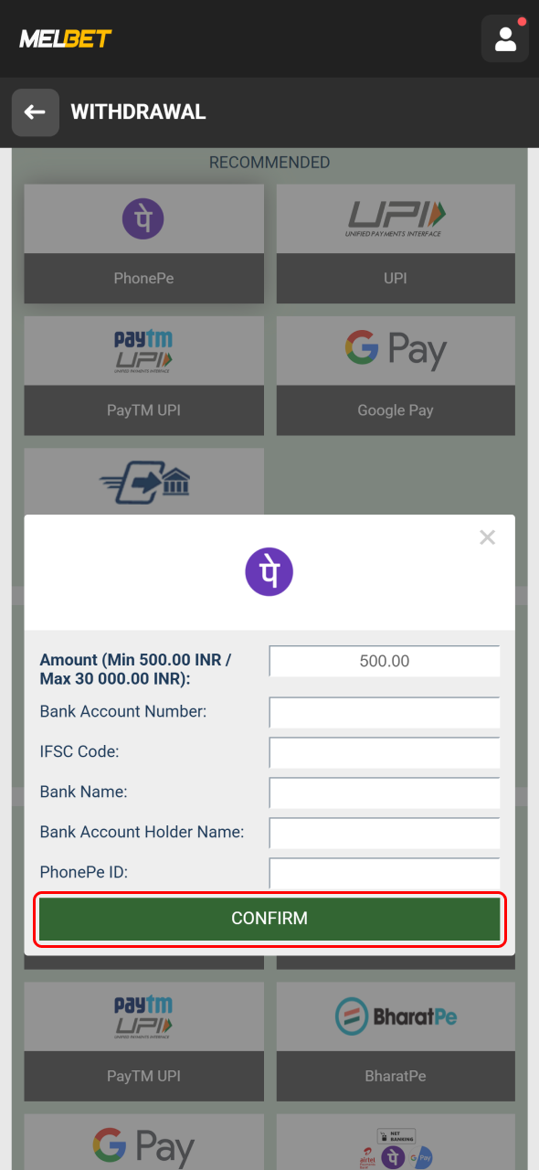 Confirm your Melbet withdrawal request and submit it for secure processing.