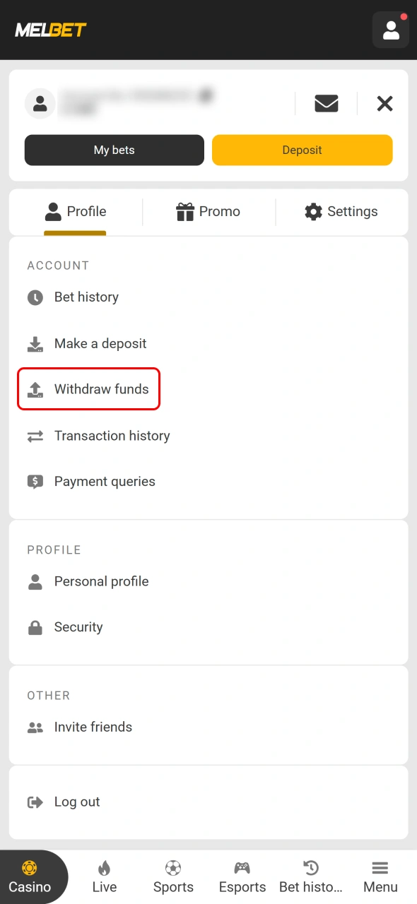 Open the Melbet cashier section to manage your withdrawal request.