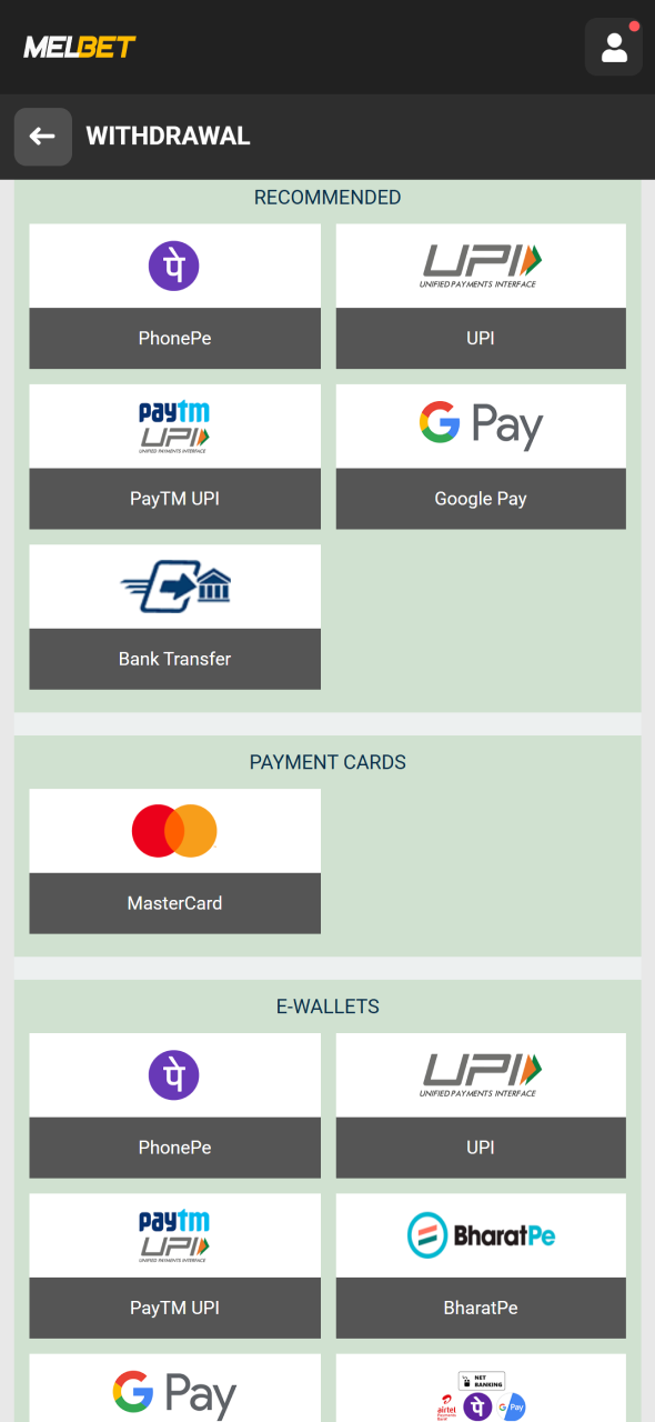 Select the Melbet withdrawal option to begin transferring your funds.